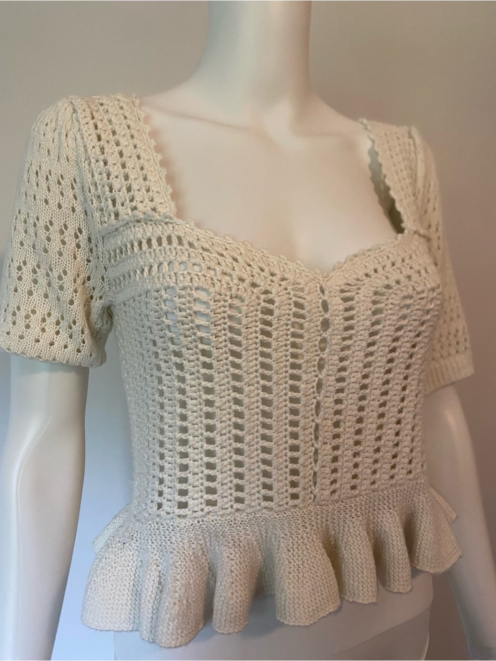 Cream Crochet Peplum Crop Top with Sweetheart Neckline